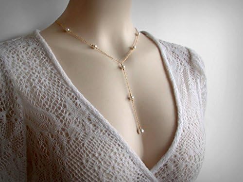 Lariat or Y necklace , Swarovski faux pearls, in 14K Yellow Gold Filled. Long and sexy.