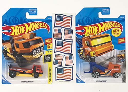 Cars HW Tow Truck & Flat Bed Rescue Vehicle Bundle Plus American Flag Stickers