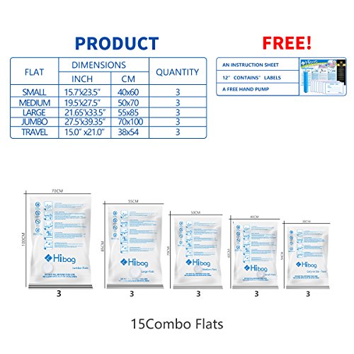 Hibag Space Saver Bags, 15-Pack Vacuum Compression Storage Bags (3Small, 3Medium, 3Large, 3Jumbo, 3 Roll Up Bags) with 1 Free Hand-Pump (15-Combo)