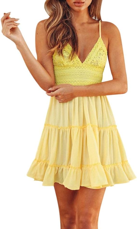 Amazon Lze 女性の夏のバックレスミニドレスホワイトイブニングパーティービーチドレス女性スリングセクシーな背中蝶々結びレーススプライシングドレス ワンピース チュニック 通販