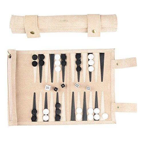 AUKO Travel Backgammon Set, Classic Backgammon Board Game Set Travel Roll Up Design Best Strategy Tip Guide Genuine Leather Portable Small Size (Beige)