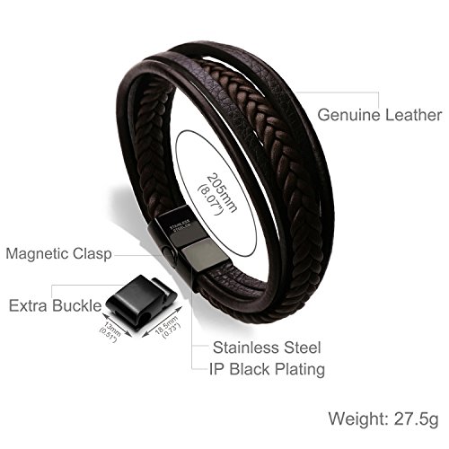 murtoo Leather Bracelet Magnetic-Clasp Cowhide Braided Multi-layer Wrap Mens Bracelet, (Brown,8.1''-8.7'')