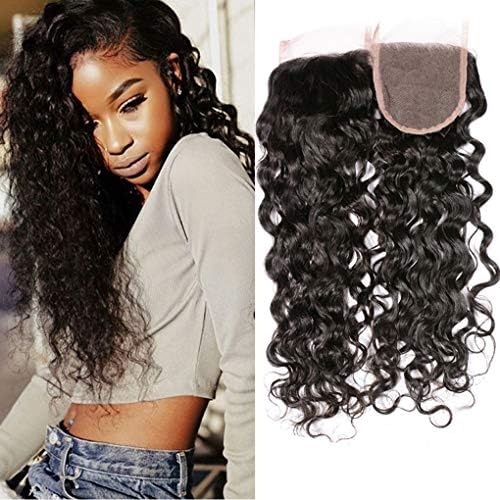 Fyonas 3 Part Closure Wet and Wavy Brazilian Virgin Human Hair Water Wave 4x4 Lace Closures with Baby Hair Bleached Knots Naturl Black Color (12 Inch)