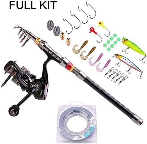 Gosccess Spinning Fishing Rod and Reels Combos FULL KIT Carbon Telescopic Fishing Rod with Saltwater Reel Line Lures Hooks and Accessories Saltwater Freshwater Fishing Full Kit
