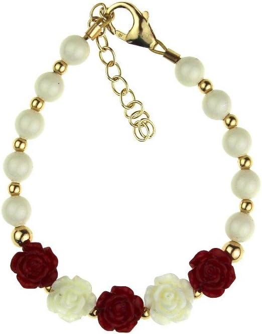 Crystal DreamElegant 14KT Gold-Filled Beads Luxury Baby Girl Bracelet Made with White European Simulated Pearls and Red Flowers (B100-CFRW)