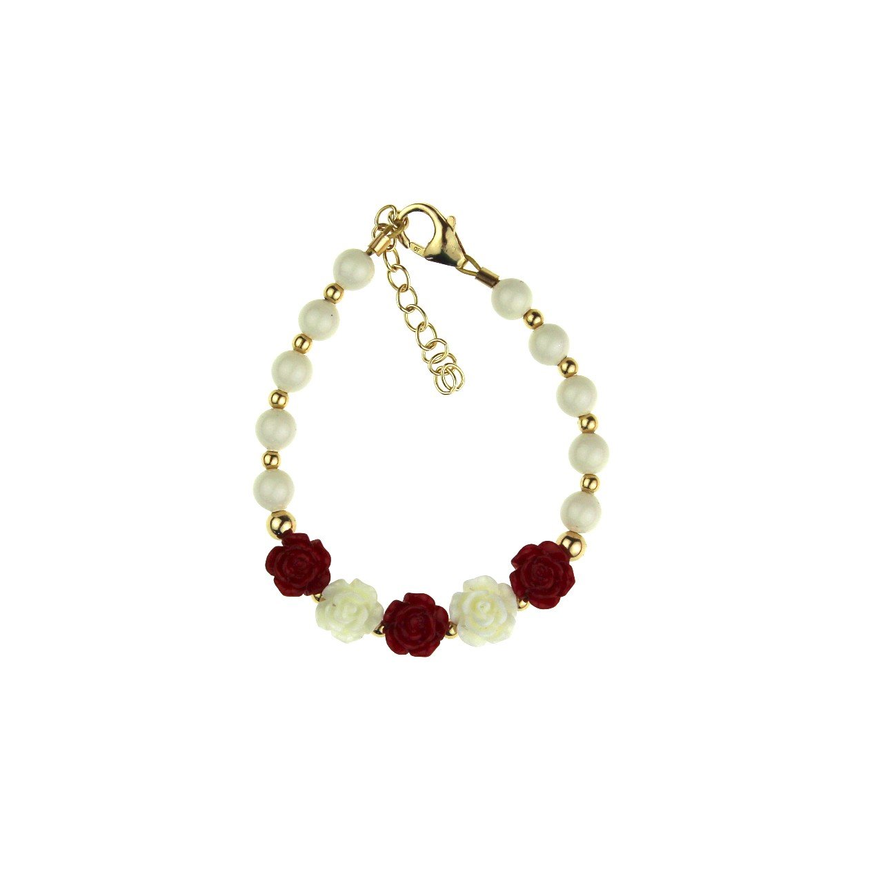Crystal DreamElegant 14KT Gold-Filled Beads Luxury Baby Girl Bracelet Made with White European Simulated Pearls and Red Flowers (B100-CFRW)