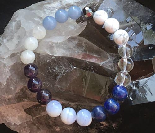 Connecting With Angels Bracelet - 8mm Power Bead Bracelet - Size Choice - Lapis Lazuli - Howlite - Moonstone - Blue Lace Agate