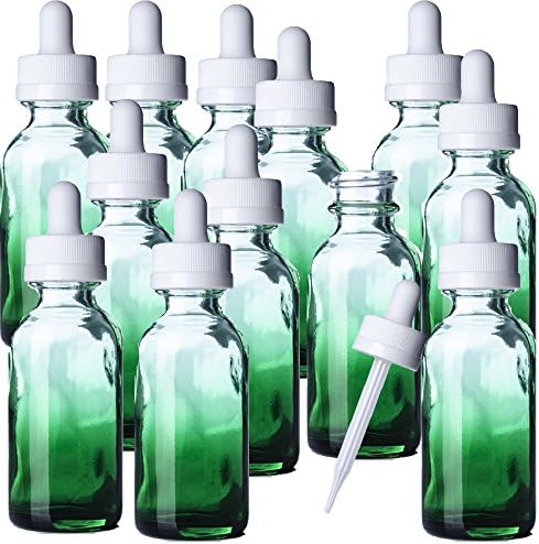 1 OZ GREEN Shaded Glass Boston Round Bottle Glass Pipette w/ white rubber bulb- Pack of 12