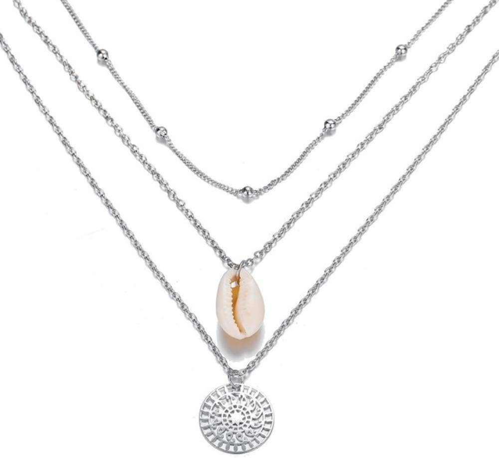 CWQAN Women'S Necklace,Silver Round Shell Multilevel Necklace European And American Jewelry Ladies Handmade Shell Short Clavicle Necklace Bohemian Style