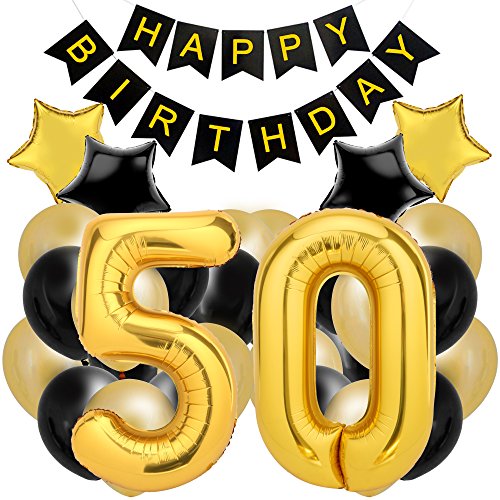 50th Birthday Decorations for The Best 50th Birthday Party - Includes Happy Birthday Banner, Large Number 50 Birthday Latex Balloons + 24 Balloons in Black and Gold. Have a Happy 50th Birthday!