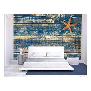 Wooden Background with Starfish - Removable Wall Mural | Self-Adhesive Large Wallpaper - 66x96 inches
