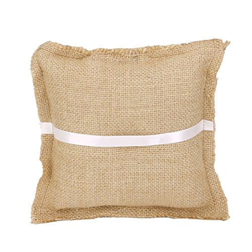 FENICAL Burlap Wedding Ring Pillow Bridal Ring Bearer Pillow Cushion with Wood Double Heart 18x18cm