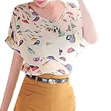VOBAGA Women's Bird Heart Geometric Print Short Sleeve Chiffon Top T-shirt Blouses