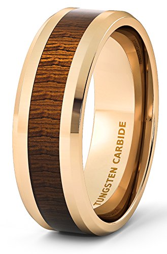 8mm Rose Gold Wood Surface Beveled Edge Comfort Fit