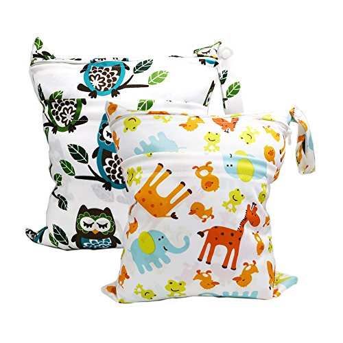 Baby Wet and Dry Cloth Diaper Bags, Nappy Organizer Bag, Multipurpose Travel Packing Organizer Bags for Swimsuit, Underwear, Breast Pump with 2 Pockets, Washable & Reusable (Owl + Giraffe)
