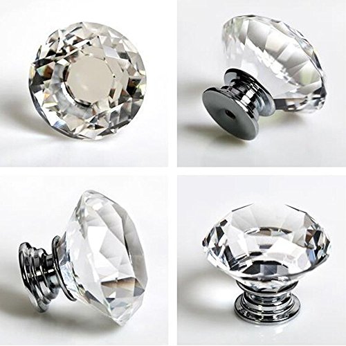 VIPMOON 6pcs 30mm Clear Diamond Cut Door Knobs with Screw, Crystal Glass Cabinet Drawer Handle