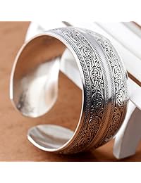 BODYA tibeten Plata Espiral tallada flor Connecting ramas patrón Wide Band pulsera Open Cuff Bangle