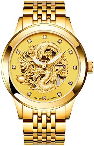 Men's Gold Watch,Stainless Steel Luxury Dragon Carved Dial Automatic Watch, Waterproof Wrist Watch SL-602