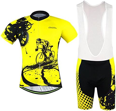 Men Cycling Jerseys Yellow Shirts Breathable Quick Dry Jacket Short Sleeves Suit Aogda Team Cycling Clothing White (Yellow Bib Suit, L)