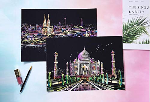 Scratch Art Paper DIY Night View Scratchboard Wooden Stylus for Adult and Kids, Size 11.2''x16'' (taj Mahal)