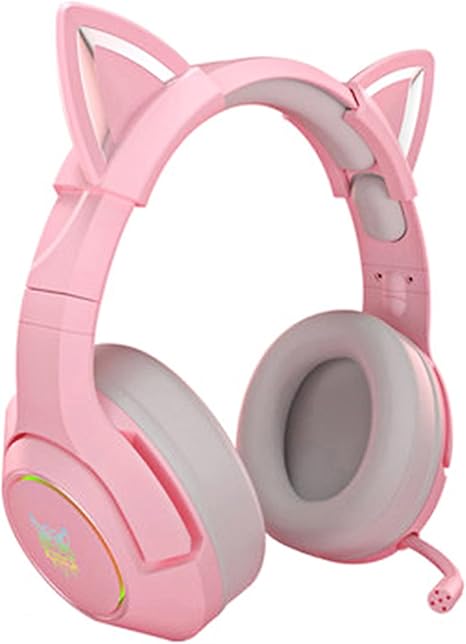 USB Pink Gaming Headset Detachable Cat Ear Headset With Microphone LED Light Bass Surround 