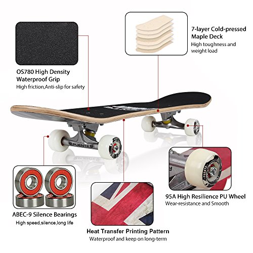 PUENTE-31-inch-Complete-Skateboards-Skateboard-for-KidsBoysGirlsYouthAdults-Tricks-Skate-Board-for-Beginners-Pro-Double-Kick-7-Layer-Canadian-Maple-Wood-Concave-Skateboard