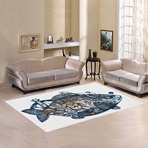 Steampunk Mechanical Fish Area Rug 7' x 5' Feet Underwater Submarine
