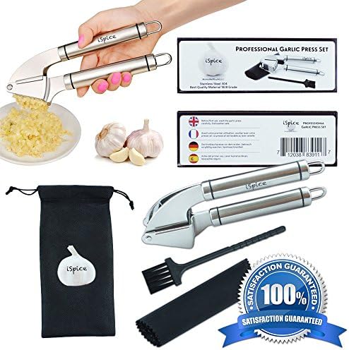 SPECIAL OFFER! 100% First Class Stainless Steel Ergonomic Garlic Mincer Press Set By "iSpice" With Silicone Roll Peeler + Cleaning Brush "Say Hello To The New Chef In You"