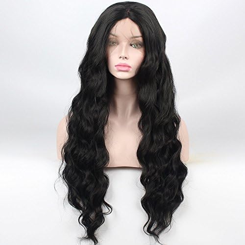 SHANDIREN Outdoor High Density Women's Natural Wave Hair Synthetic Lace Front Wigs American Heat Resistant for All Skin Women (24'' Black)