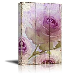 Branches of Purple Roses Over Wooden Panels with Watercolor Background - Nature - Canvas Art Home Art - 12x18 inches