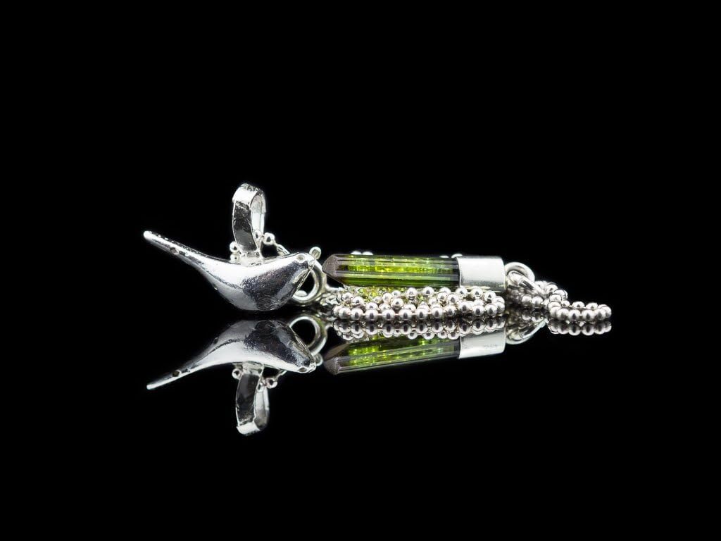Puffy Bird with Tourmaline - Sterling Silver Necklace