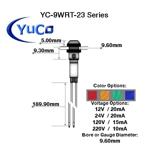Yuco YC-9WRT-23R-24-10 Mini Indicator Light 9mm Fresnel Dome Cap Wire-Base Ring + Nut AC/DC Pack of 10 (Red, 24V)