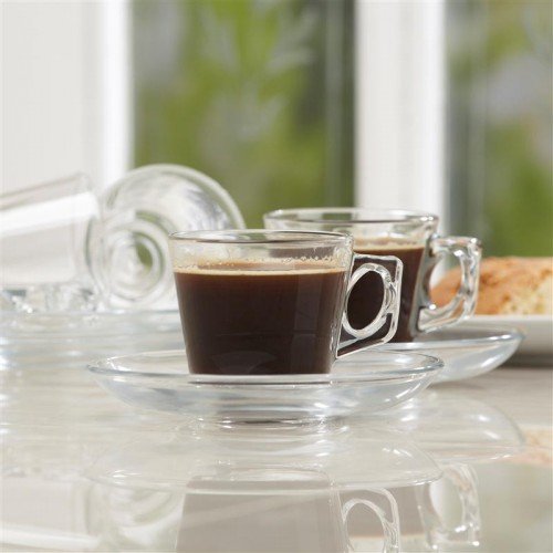 VELA 3.2-Ounce. Small Demitasse Clear Glass Espresso Drinkware, Set of 6 Cups/Saucers + Set of 6 Stainless Steel 18/10 mini Espresso Spoons! Hostess, Coffee Lover/Enthusiast, Espresso.