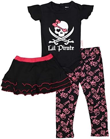 Lil' Pirate Baby Girl Onesie, Skirt and Legging Pink Black White 0-3 Months
