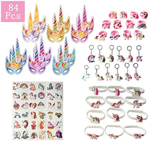 84 Pack Rainbow Unicorn Party Favors Supplies, Unicorn Masks,Wristband Bracelets, Rings, Keychain, Tattoos, Kids Dress-up Toys Crafts Gift Novelty Prizes for Girls Boys