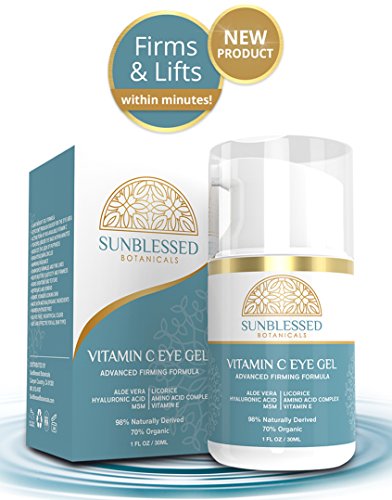 Vitamin C Eye Gel for Under Eye Bags Treatment Dark Circles Puffiness Wrinkles Crows Feet and Anti Aging Skin Care with Hyaluronic Acid Made in USA by SunBlessed Botanicals