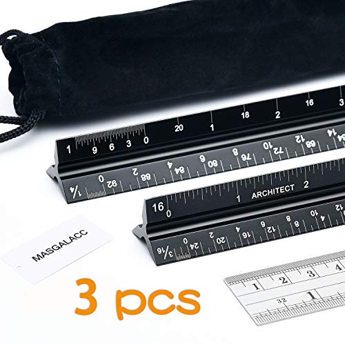 MASGALACC 12-Inch Architectural Scale Ruler Set (Imperial) Laser-Etched Triangular Drafting Tool for Blueprints Scale Architectural Drafting Ruler Standard Metal Architect Ruler - Thumbnail 7