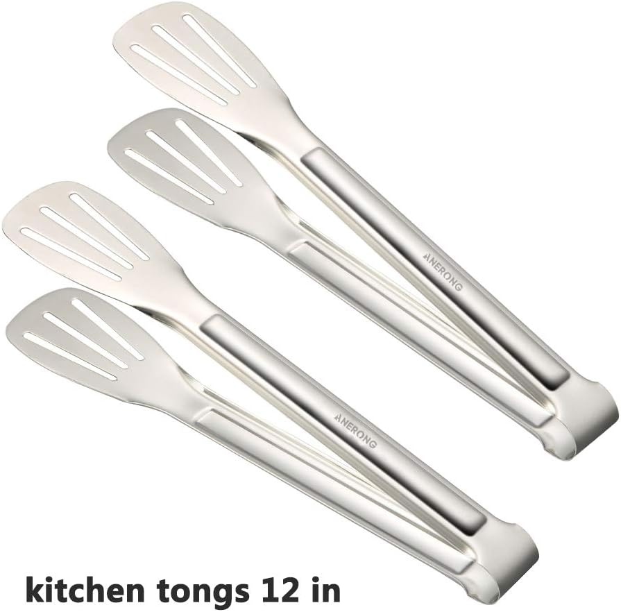 ANERONG Cooking Tongs,Kitchen Tongs Stainless Steel, Heat Resistant BBQ Tongs Set for Cooking, Serving, Barbecue, Buffet, Salad, Ice, Oven – 12 Inch (2 Set)