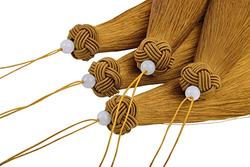 KONMAY 5pcs 6.4''(16.0cm) Large and Long Handmade Imitation Silk Tassels with Threaded Cap and Jade Beads (Goldenrod)