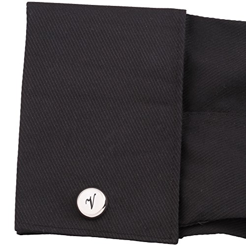 HJ Men's 2PCS Rhodium Plated Cufflinks Silver Initial Letter Shirt Wedding Business 1 Pair Set White V