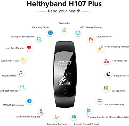 Helthyband Fitness Tracker, H107 Plus Activity Tracker: Waterproof Bluetooth Fitness Watch Smart Bracelet with Sleep Tracker Heart Rate Monitor Pedometer 14 Training Modes for iOS/Android Cellphone