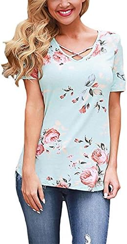 ChongXiao T Shirts for Women Casual Crisscross Front V Neck Shirt Short Sleeve Flora Print Tunic Blouse Tops