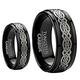 His & Her's 8MM & 6MM Black Tungsten Carbide Wedding Band Ring Set w/Laser Etched Celtic Design
