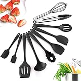 IHomey Silicone Kitchen Utensil Set, 10 Nonstick/Heat Resistant Cooking Utensils - Tongs, Whisk, Spoons, Spatulas, Ladle, Flexible Turner, Pasta Server, Brush - Dishwasher Safe(Black)