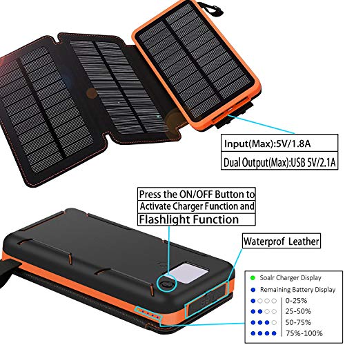 Solar Charger 24000mAh,Solar Power Bank Waterproof Dual USB Output with 3 Solar Panels External Battery Bank with Flashlight for iPhone,Samsung,iPad and Outdoor Camping(Orange) - Thumbnail 3