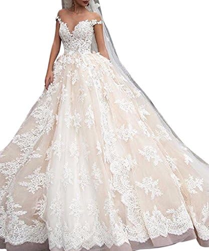 JoyVany Luxury Lace Ball Gown Wedding Dresses Cap Sleeves Princess Weddingdress White Size 12