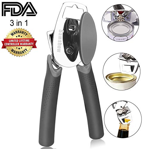Can Opener - Samshow Stainless Steel Can Opener Manual Heavy Duty Tin Opener with Lids off Dishwasher Safe Can Opener Smooth Edge with Comfortable Ergonomic Non-Slip Handles Easy to Operate for Senior