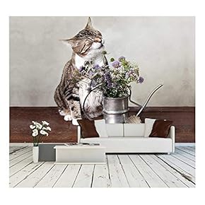 Cat with Flowers in Old Decorative Watering Can - Removable Wall Mural | Self-Adhesive Large Wallpaper - 66x96 inches
