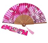 meifan Chinese/Japanese Womens Multi Color Handmade Silk Folding Hand Fan (Rosy)