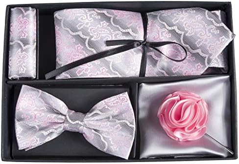Mens Boxed Tie Set with Self Tie Neck Tie, Bow Tie, Lapel Pin, and Two Pocket Hankies (Pink / Silver)